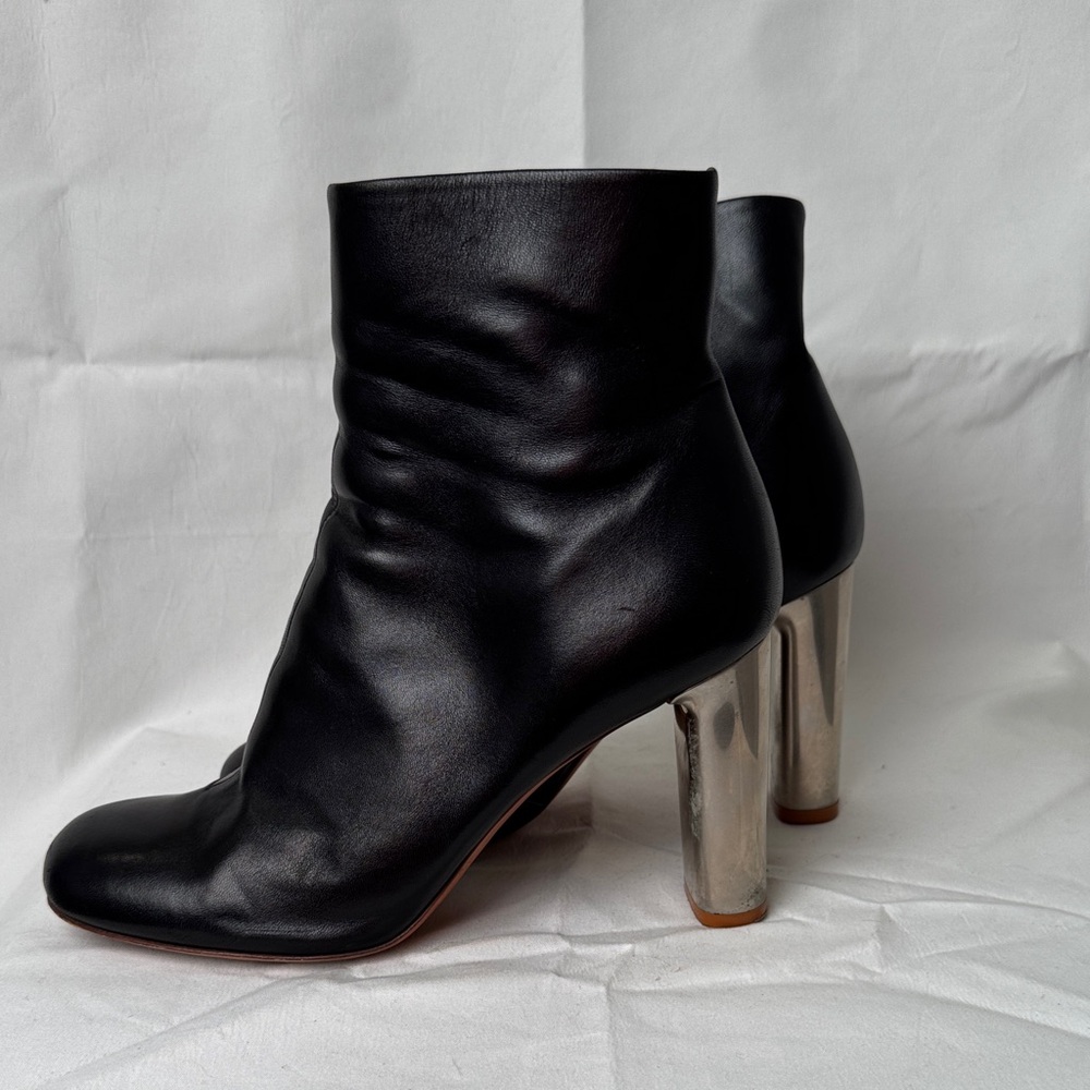 Celine Black Leather Ankle Boots with Metallic/Chrome Heels
